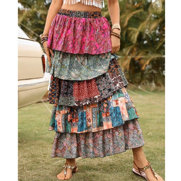 Boho Floral Print Patchwork Ruffle Layered Stretchy Waist Maxi Skirt - Picture 1 of 6